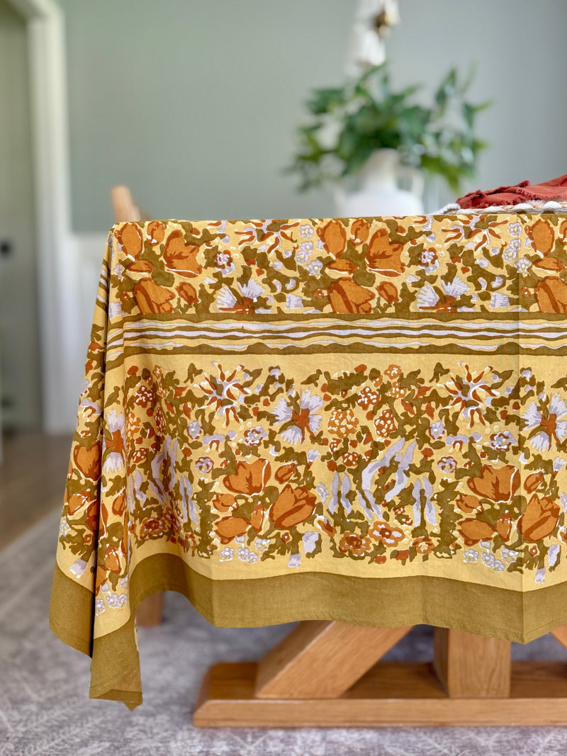 Golden Grove tablecloth spring table setting by House of Turnberry