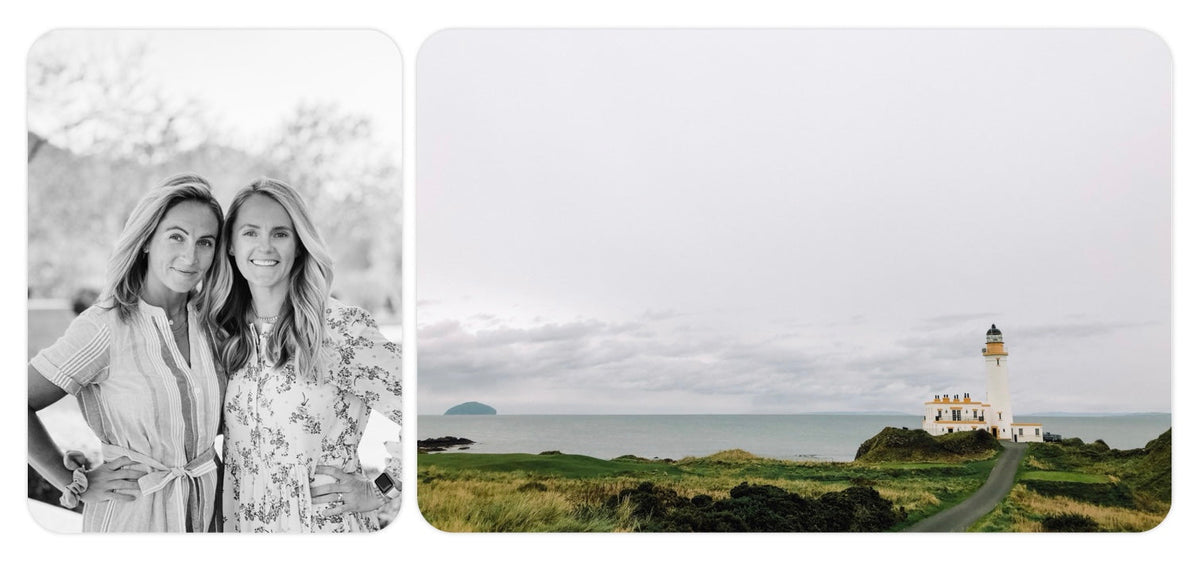 Two women smiling in a black-and-white portrait paired with a coastal landscape featuring a lighthouse on a grassy peninsula