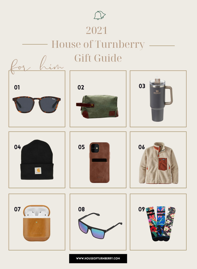 Promotional grid showing nine numbered gift picks for men with headline 2021 House of Turnberry Gift Guide for him