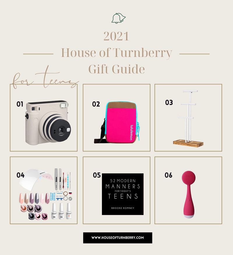2021 teen gift guide showing a camera, crossbody bag, jewelry organizer, gel nail kit, manners book, and facial cleansing device