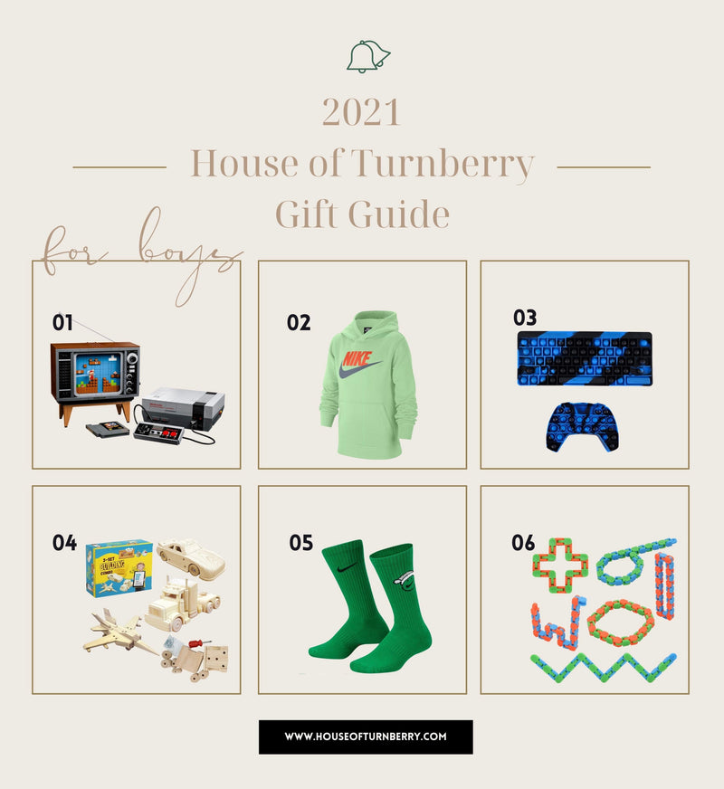 Promotional grid showing six numbered gift ideas under the headline ‘2021 House of Turnberry Gift Guide for boys’