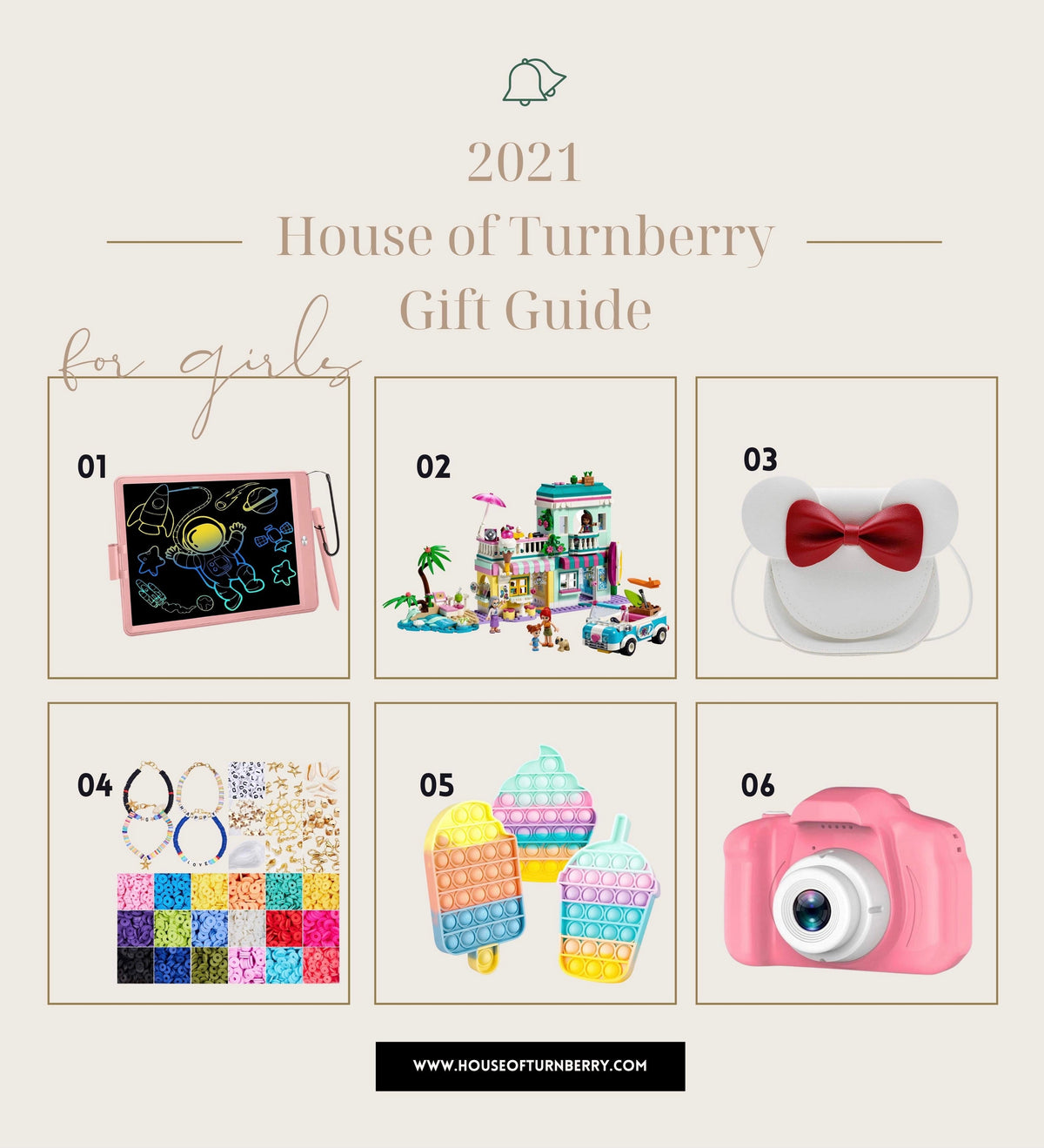 Gift guide collage showing six gift picks for girls: LCD tablet, LEGO beach house, Minnie purse, jewelry set, poppers, and camera