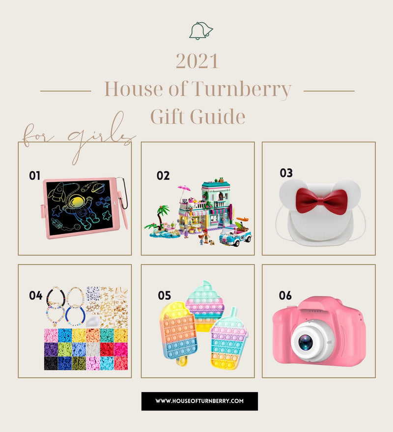 Gift guide collage showing six gift picks for girls: LCD tablet, LEGO beach house, Minnie purse, jewelry set, poppers, and camera