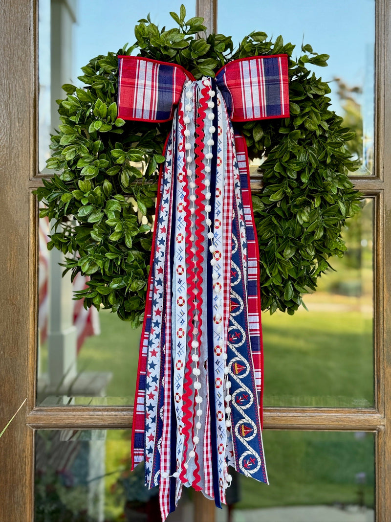 Harbor Days Designer Bow on front door wreath by House of Turnberry