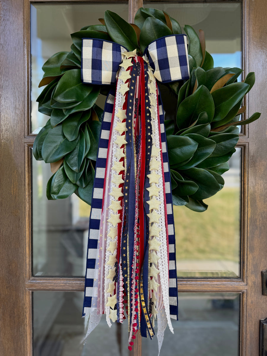 American Glory Designer Bow in deep navy, red, and ivory for a patriotic 4th of July front door