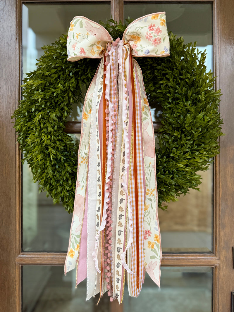 Blush Meadow Designer Bow on a spring front door wreath