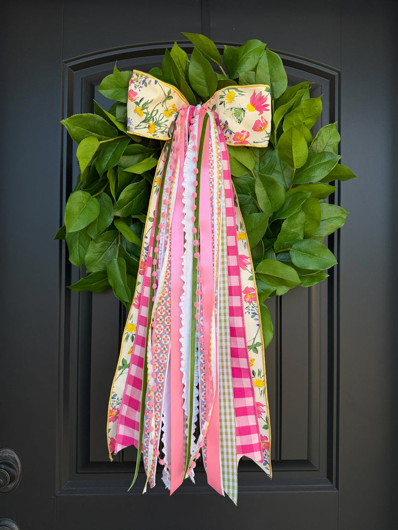 Garden Party Designer Bow on a spring wreath front door by House of Turnberry