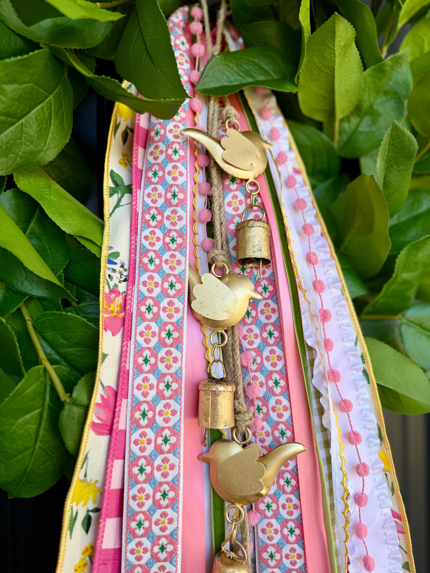 Garden Party Long 27 inch ribbon bow on a lush summer front door wreath by House of Turnberry